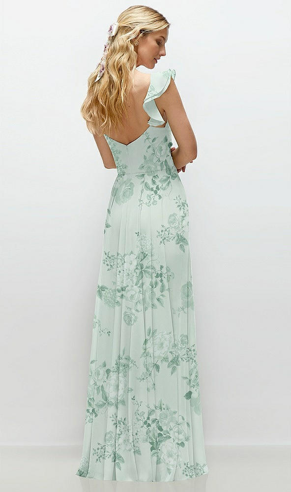 Back View - Mint Green Floral Convertible Ruffle Strap Chiffon Maxi Dress with Full Circle Skirt