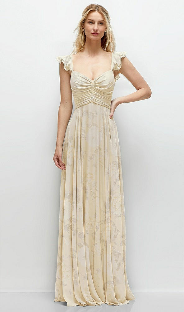 Front View - Butter Yellow Floral Convertible Ruffle Strap Chiffon Maxi Dress with Full Circle Skirt