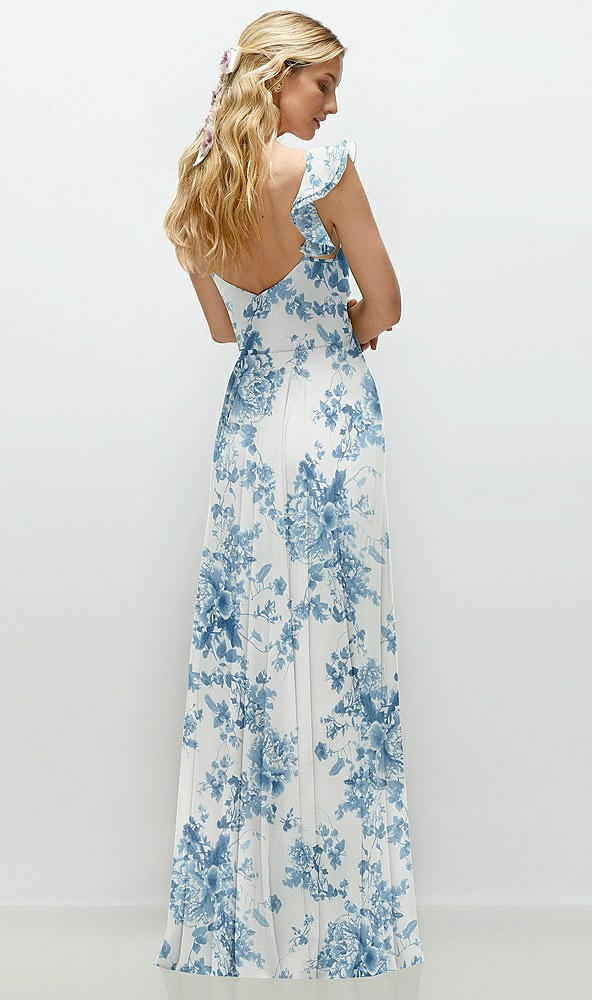 Back View - Cottage Rose Dusk Blue Convertible Ruffle Strap Chiffon Maxi Dress with Full Circle Skirt