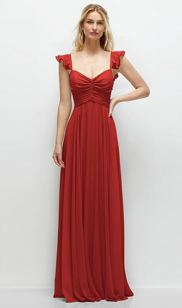 Front View - Poppy Red Convertible Ruffle Strap Chiffon Maxi Dress with Full Circle Skirt