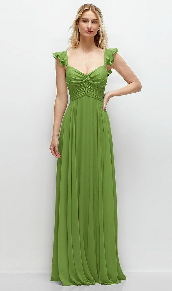 Front View - Peridot Green Convertible Ruffle Strap Chiffon Maxi Dress with Full Circle Skirt