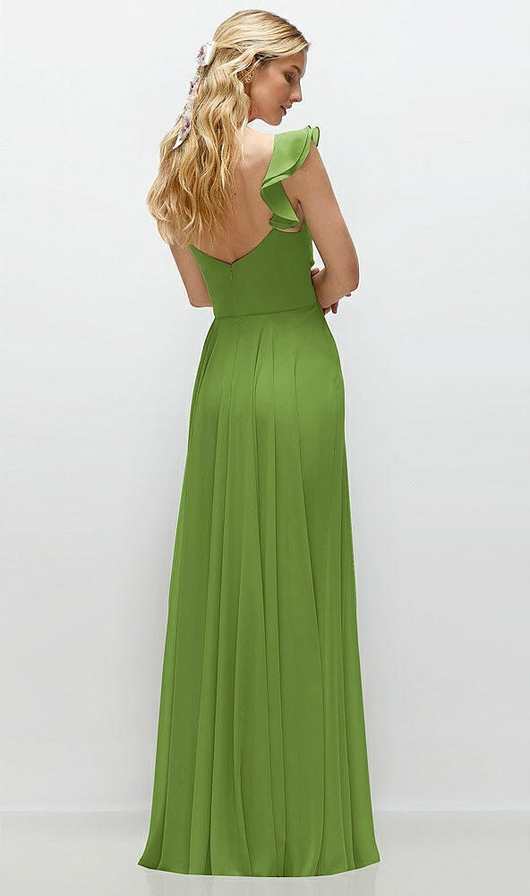 Back View - Peridot Green Convertible Ruffle Strap Chiffon Maxi Dress with Full Circle Skirt