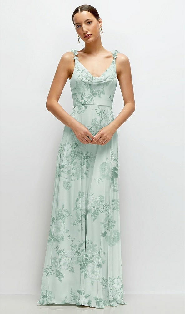 Front View - Mint Green Floral Cowl Neck Chiffon Maxi Dress with Hand-Worked Petal Straps