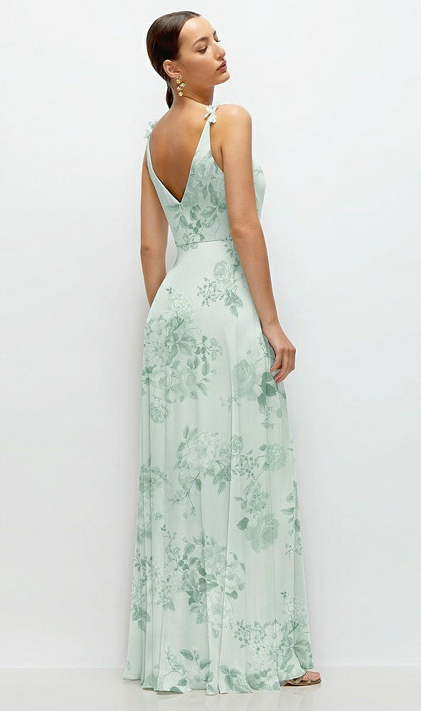 Back View - Mint Green Floral Cowl Neck Chiffon Maxi Dress with Hand-Worked Petal Straps