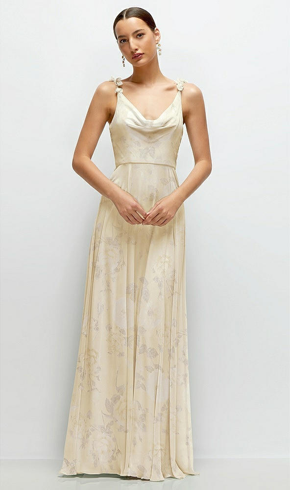 Front View - Butter Yellow Floral Cowl Neck Chiffon Maxi Dress with Hand-Worked Petal Straps
