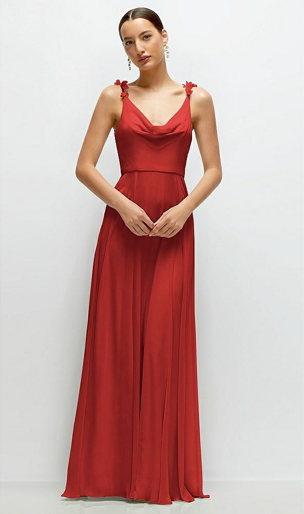 Front View - Poppy Red Cowl Neck Chiffon Maxi Dress with Hand-Worked Petal Straps