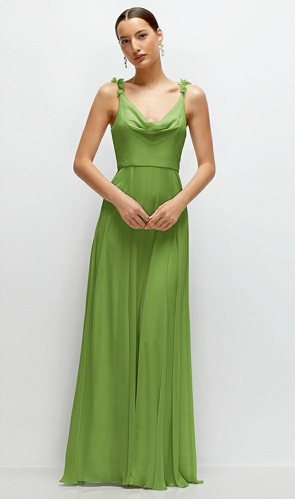 Front View - Peridot Green Cowl Neck Chiffon Maxi Dress with Hand-Worked Petal Straps