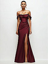Front View Thumbnail - Cabernet Cowl Neck Off-the-Shoulder Stretch Satin Fit and Flare Corset Maxi Dress