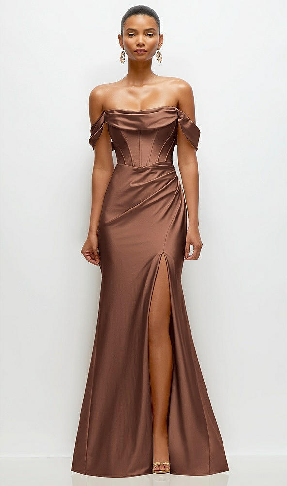 Front View - Cognac Cowl Neck Off-the-Shoulder Stretch Satin Fit and Flare Corset Maxi Dress