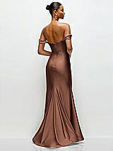 Rear View Thumbnail - Cognac Cowl Neck Off-the-Shoulder Stretch Satin Fit and Flare Corset Maxi Dress