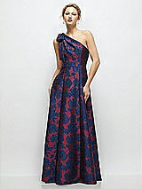 Front View Thumbnail - Burgundy Midnight Floral Bow One-Shoulder Full A-Line Heritage Floral Jacquard Maxi Dress