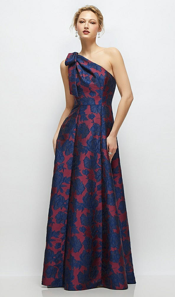 Front View - Burgundy Midnight Floral Bow One-Shoulder Full A-Line Heritage Floral Jacquard Maxi Dress