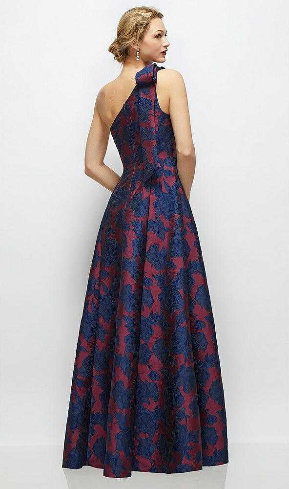 Back View - Burgundy Midnight Floral Bow One-Shoulder Full A-Line Heritage Floral Jacquard Maxi Dress