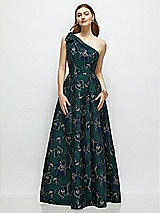 Front View Thumbnail - Evergreen Floral Bow One-Shoulder Full A-Line Oscar Metallic Floral Jacquard Maxi Dress