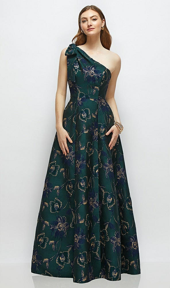 Front View - Evergreen Floral Bow One-Shoulder Full A-Line Oscar Metallic Floral Jacquard Maxi Dress