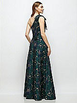 Rear View Thumbnail - Evergreen Floral Bow One-Shoulder Full A-Line Oscar Metallic Floral Jacquard Maxi Dress