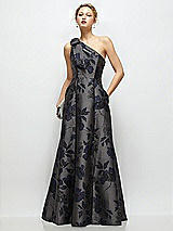 Front View Thumbnail - Noir Midnight Navy Bow One-Shoulder Full A-Line Noir Garden Metallic Jacquard Maxi Dress