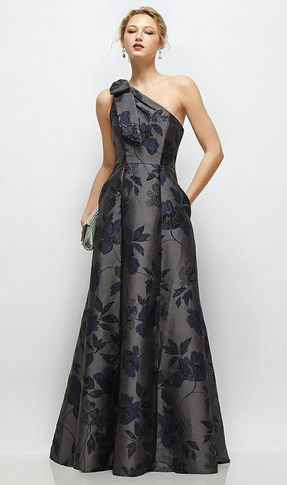 Front View - Noir Midnight Navy Bow One-Shoulder Full A-Line Noir Garden Metallic Jacquard Maxi Dress