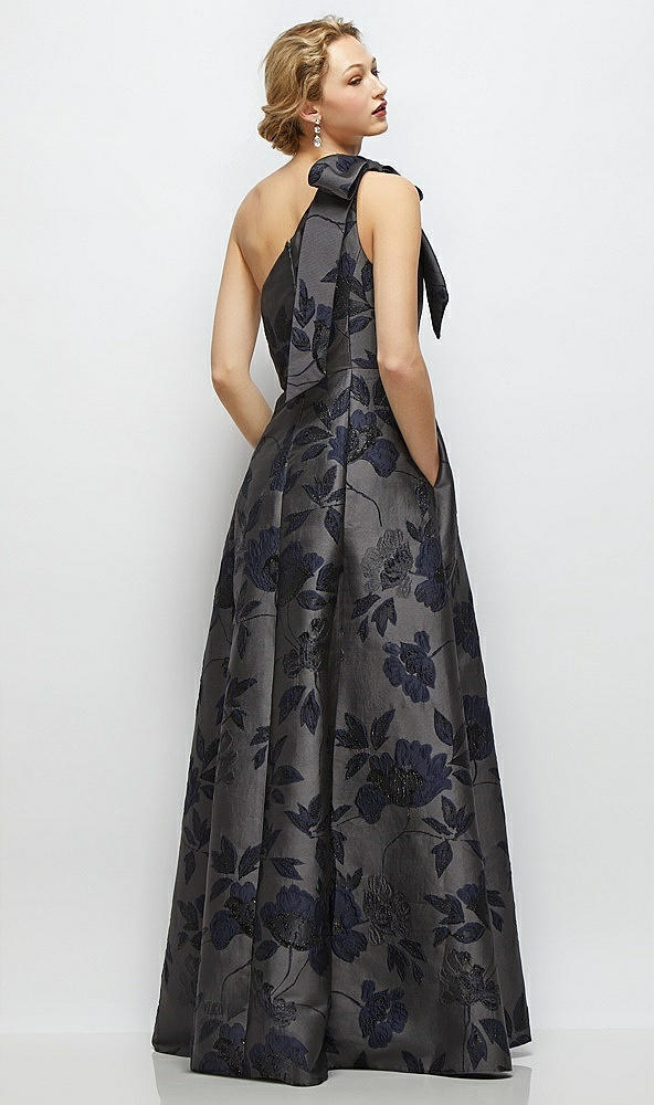 Back View - Noir Midnight Navy Bow One-Shoulder Full A-Line Noir Garden Metallic Jacquard Maxi Dress