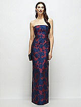 Front View Thumbnail - Burgundy Midnight Floral Strapless Heritage Floral Jacquard Column Dress with Back Slit