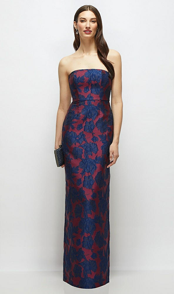 Front View - Burgundy Midnight Floral Strapless Heritage Floral Jacquard Column Dress with Back Slit