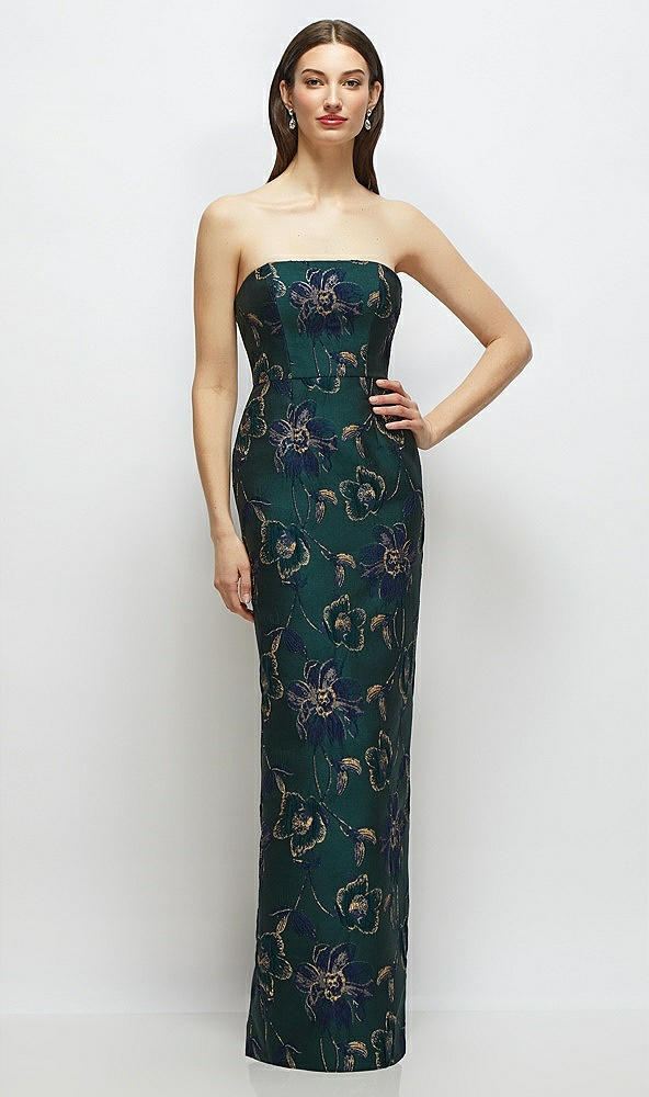 Front View - Evergreen Floral Strapless Oscar Metallic Floral Jacquard Column Dress with Back Slit