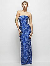 Front View Thumbnail - Cobalt Jacquard Strapless Cobalt Floral Metallic Jacquard Column Dress with Back Slit