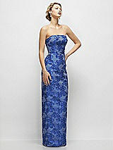 Side View Thumbnail - Cobalt Jacquard Strapless Cobalt Floral Metallic Jacquard Column Dress with Back Slit