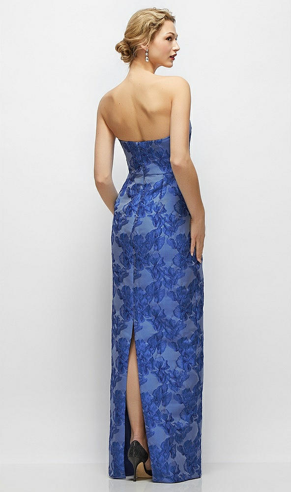 Back View - Cobalt Jacquard Strapless Cobalt Floral Metallic Jacquard Column Dress with Back Slit