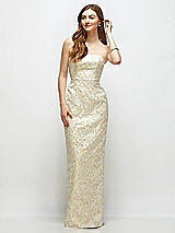 Front View Thumbnail - Champagne Filigree Strapless Champagne Brocade Column Dress with Back Slit