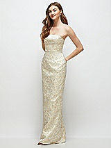 Side View Thumbnail - Champagne Filigree Strapless Champagne Brocade Column Dress with Back Slit