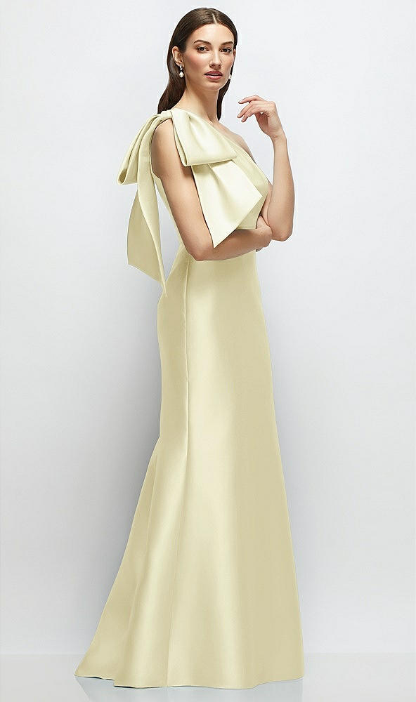 Front View - Butter Yellow Bow One-Shoulder Satin Maxi Dress with Trumpet Skirt