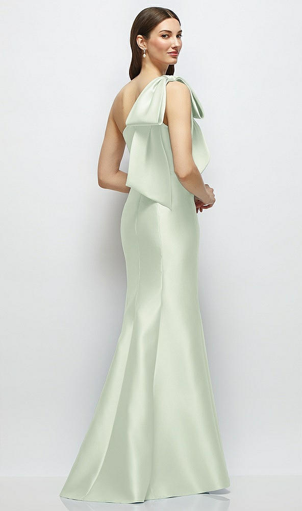 Back View - Mint Green Bow One-Shoulder Satin Maxi Dress with Trumpet Skirt
