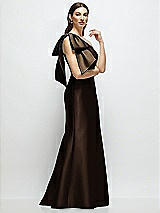 Front View Thumbnail - Espresso Bow One-Shoulder Satin Maxi Dress with Trumpet Skirt