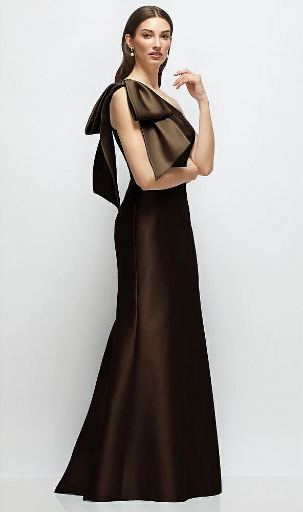Front View - Espresso Bow One-Shoulder Satin Maxi Dress with Trumpet Skirt
