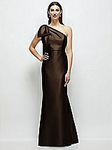 Side View Thumbnail - Espresso Bow One-Shoulder Satin Maxi Dress with Trumpet Skirt