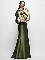Front View Thumbnail - Olive Green Bow One-Shoulder Satin Maxi Dress with Trumpet Skirt
