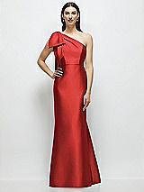 Side View Thumbnail - Poppy Red Bow One-Shoulder Satin Maxi Dress with Trumpet Skirt