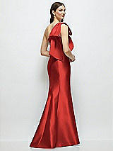 Rear View Thumbnail - Poppy Red Bow One-Shoulder Satin Maxi Dress with Trumpet Skirt