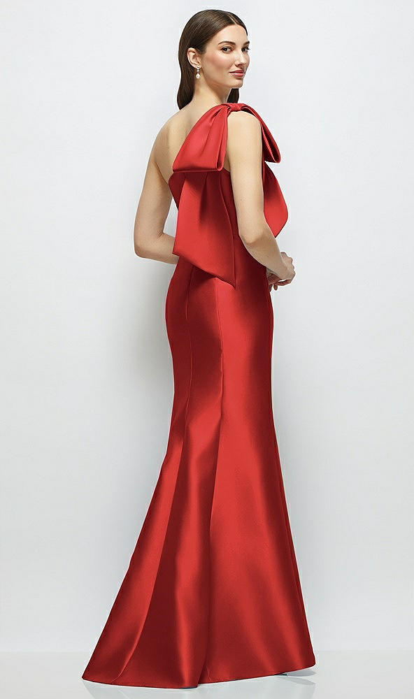 Back View - Poppy Red Bow One-Shoulder Satin Maxi Dress with Trumpet Skirt