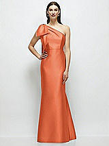 Side View Thumbnail - Portofino Orange Bow One-Shoulder Satin Maxi Dress with Trumpet Skirt
