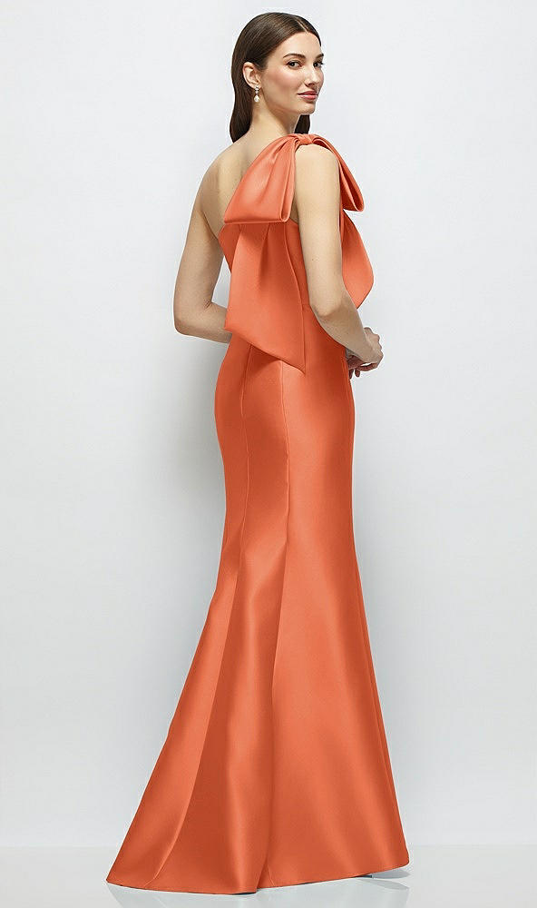 Back View - Portofino Orange Bow One-Shoulder Satin Maxi Dress with Trumpet Skirt