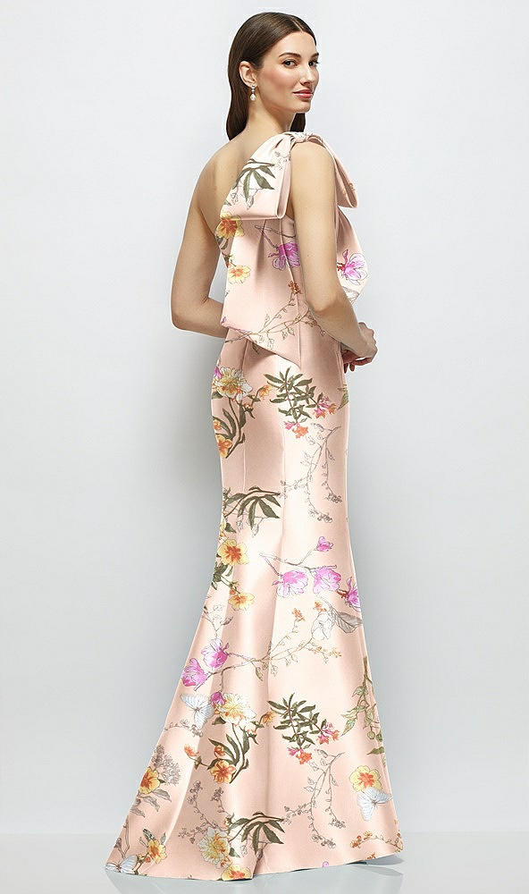 Front View - Butterfly Botanica Pink Sand Bow One-Shoulder Satin Floral Maxi Dress with Trumpet Skirt
