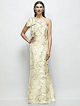 Rear View Thumbnail - Butter Yellow Floral Bow One-Shoulder Satin Floral Maxi Dress with Trumpet Skirt