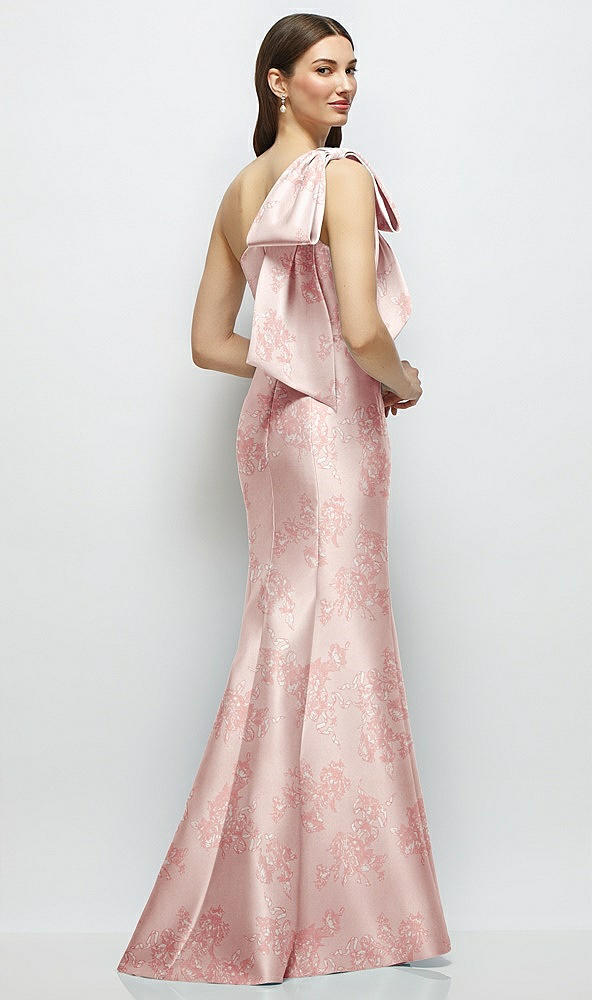 Front View - Bow And Blossom Print Bow One-Shoulder Satin Floral Maxi Dress with Trumpet Skirt