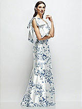 Side View Thumbnail - Cottage Rose Larkspur Bow One-Shoulder Satin Floral Maxi Dress with Trumpet Skirt