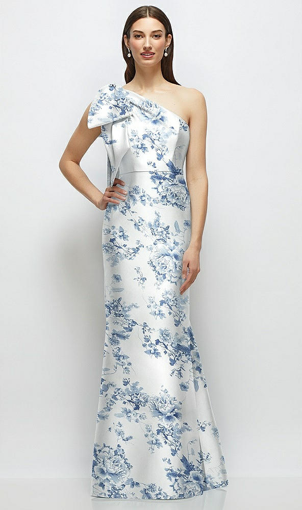 Back View - Cottage Rose Larkspur Bow One-Shoulder Satin Floral Maxi Dress with Trumpet Skirt