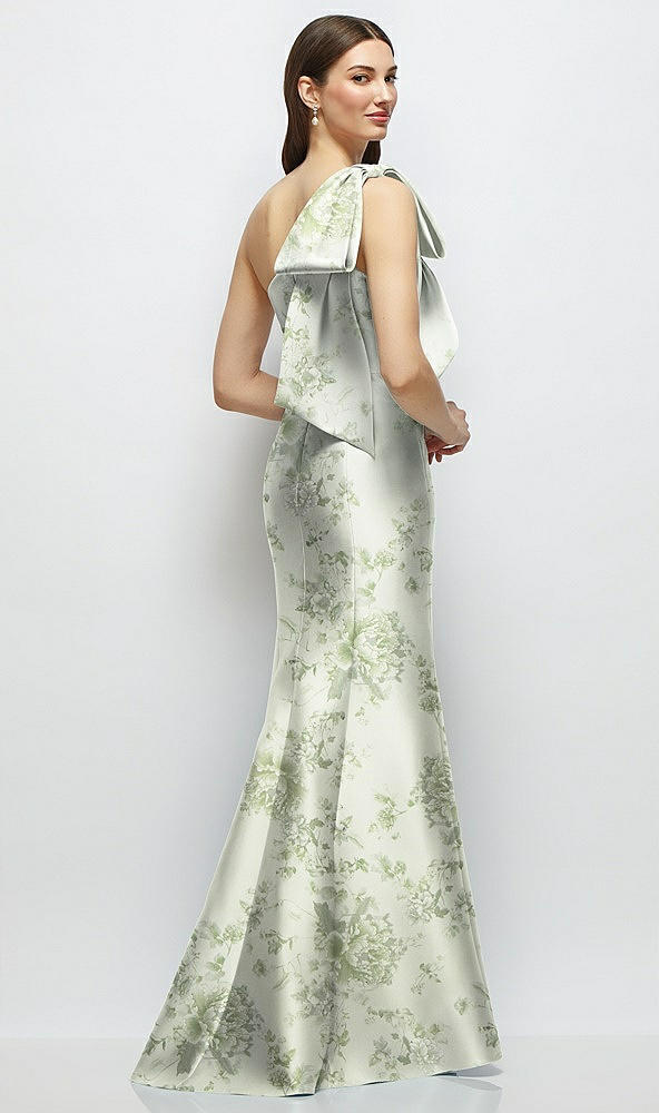 Front View - Sage Cottage Rose Bow One-Shoulder Satin Floral Maxi Dress with Trumpet Skirt