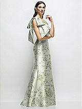 Side View Thumbnail - Sage Cottage Rose Bow One-Shoulder Satin Floral Maxi Dress with Trumpet Skirt