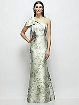 Rear View Thumbnail - Sage Cottage Rose Bow One-Shoulder Satin Floral Maxi Dress with Trumpet Skirt